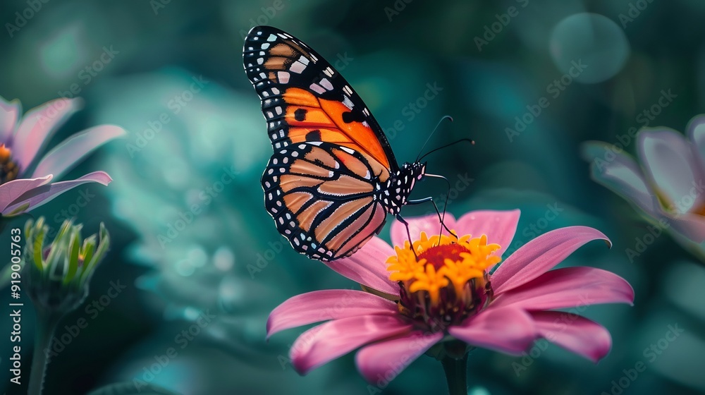 Monarch Butterfly on Pink Flower in Vibrant Garden Monarch Butterfly on Pink Flower in Vibrant Garden