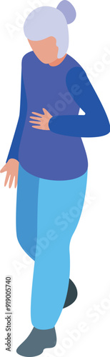 Elderly woman is walking while holding her stomach in pain