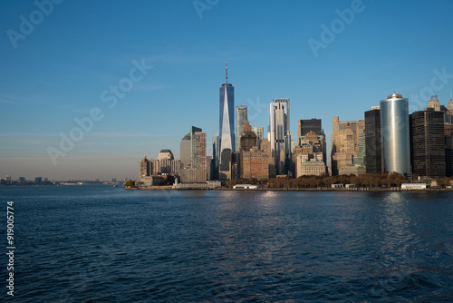 Manhattan's beautiful skyline, New York, United States. Panorama view of New York city skyline in Midtown Manhattan. USA NYC. American big city. Lower Manhattan skyline at sunny day.