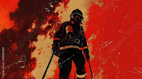 Heroic Firefighter in Protective Gear Battles Towering Inferno in K photo