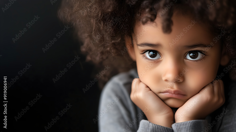 © MonkaLemonka - sad small arican american 6s - 8s years old child sitting on a table outside; isolated little lonely kid; black background