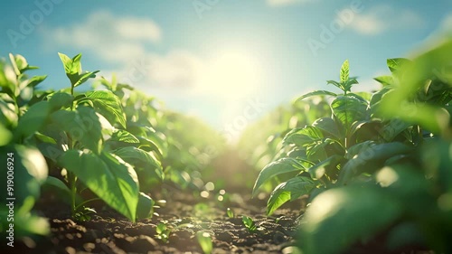 Green seedlings growing in a field with sunlight shining through.