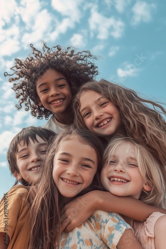 Company of diverse children embracing together against blue sky, Generative AI