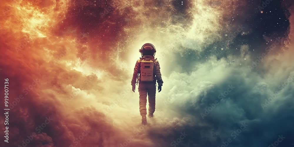 Astronaut walking alone on a floating cloud in a surreal fantasy landscape, surrounded by vibrant colors, ethereal light, and a drea Seamless looping 4k time-lapse virtual video animation Generated AI Astronaut walking alone on a floating cloud in a surreal fantasy landscape, surrounded by vibrant colors, ethereal light, and a drea Seamless looping 4k time-lapse virtual video animation Generated AI