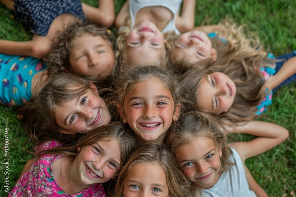 Happy children forming huddle at park, Generative AI Happy children forming huddle at park, Generative AI