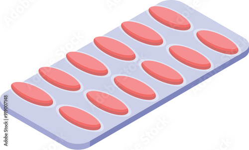 Blister pack containing pink oval pills is lying on a white background