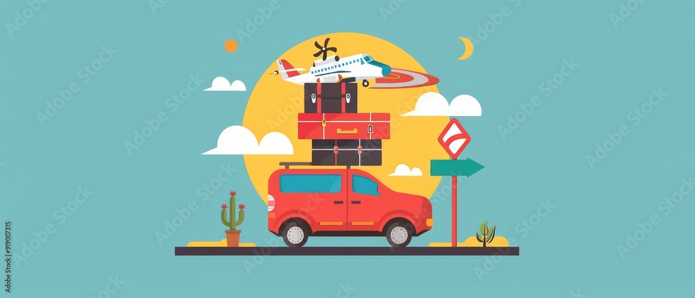 Naklejka premium Cartoon Drawing of a Road Trip Scene with Tetradic Color Scheme.