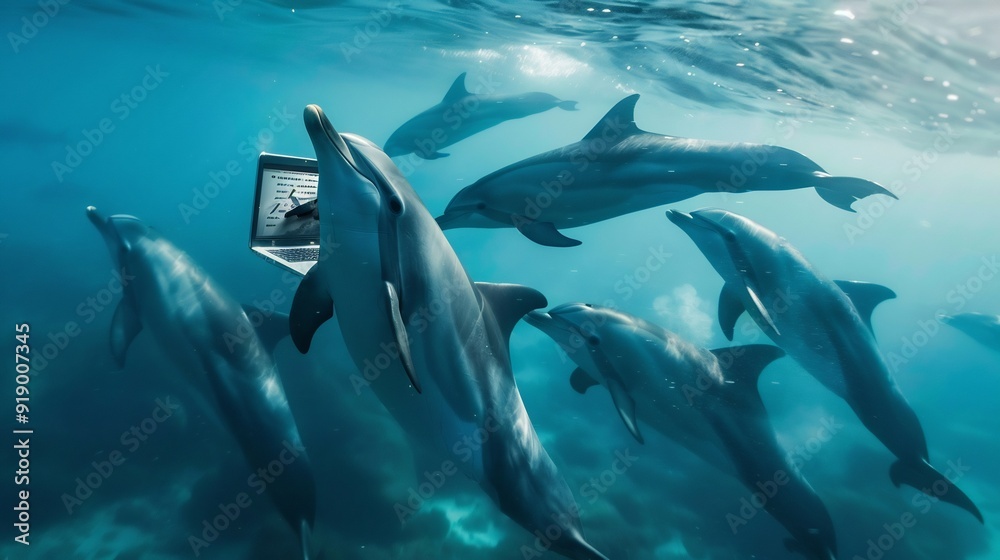 Obraz premium Dolphins Surrounded By Bubbles and Sunlight Underwater With A Laptop