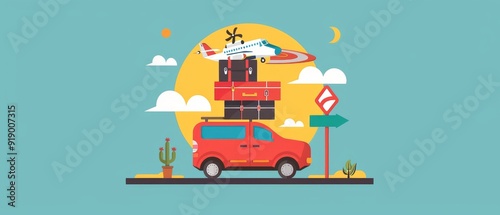 Cartoon Drawing of a Road Trip Scene with Tetradic Color Scheme.