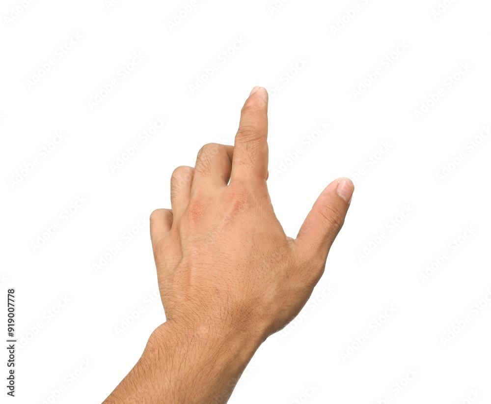 Men's hands making gestures like I'm pointing at something. or touch the phone screen Isolated on white background. Men's hands making gestures like I'm pointing at something. or touch the phone screen Isolated on white background.