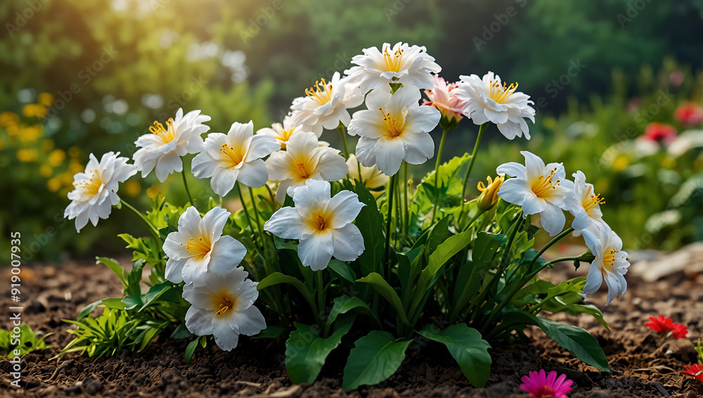 Obraz premium The image shows a field of white and pink daisies with yellow centers. There are also some orange flowers in the background
