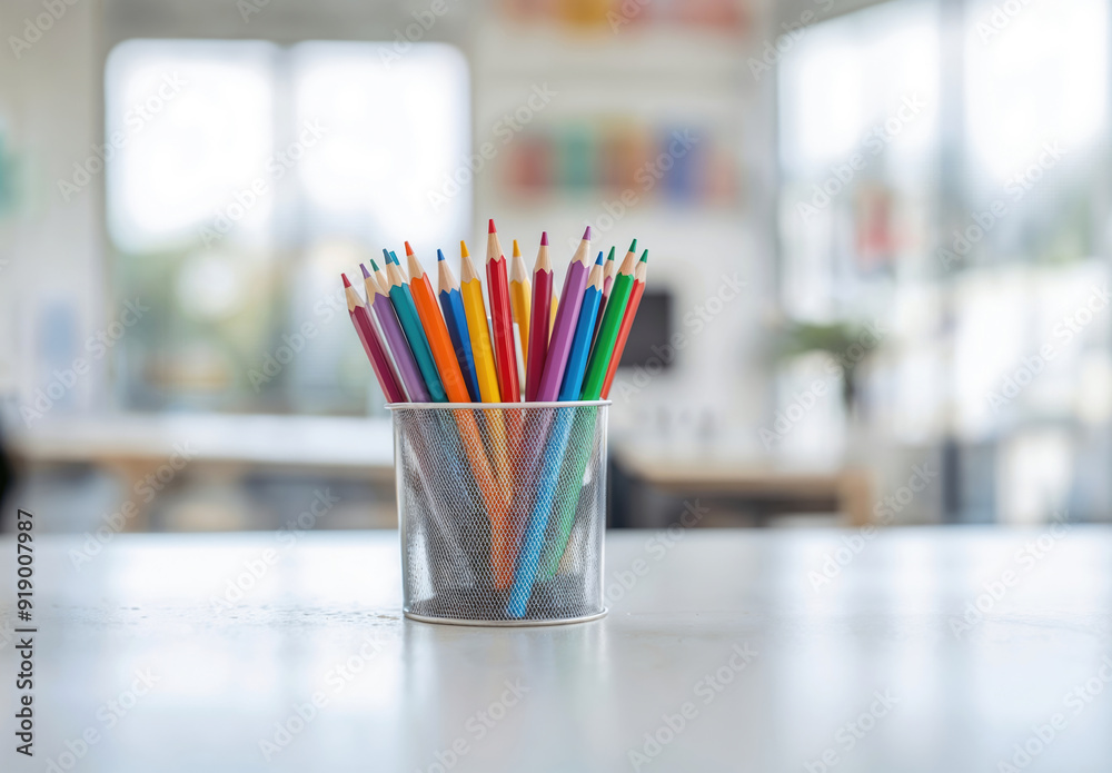 Color pencils standing in a metal pot on a blurred background in a classroom Color pencils standing in a metal pot on a blurred background in a classroom