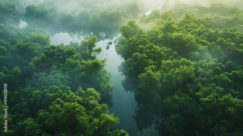 Aerial View of a River Flowing Through a Lush Forest