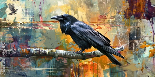 Abstract painting of a crow on a branch. photo