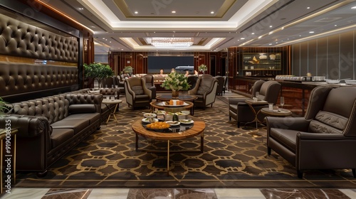 A spacious and elegant VIP lounge in an airport lobby, with luxurious seating, a buffet area, and travelers enjoying premium services