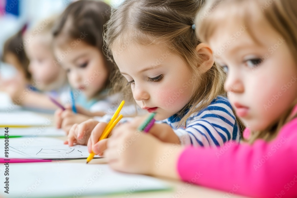 Group of cute little prescool kids drawing, Generative AI Group of cute little prescool kids drawing, Generative AI
