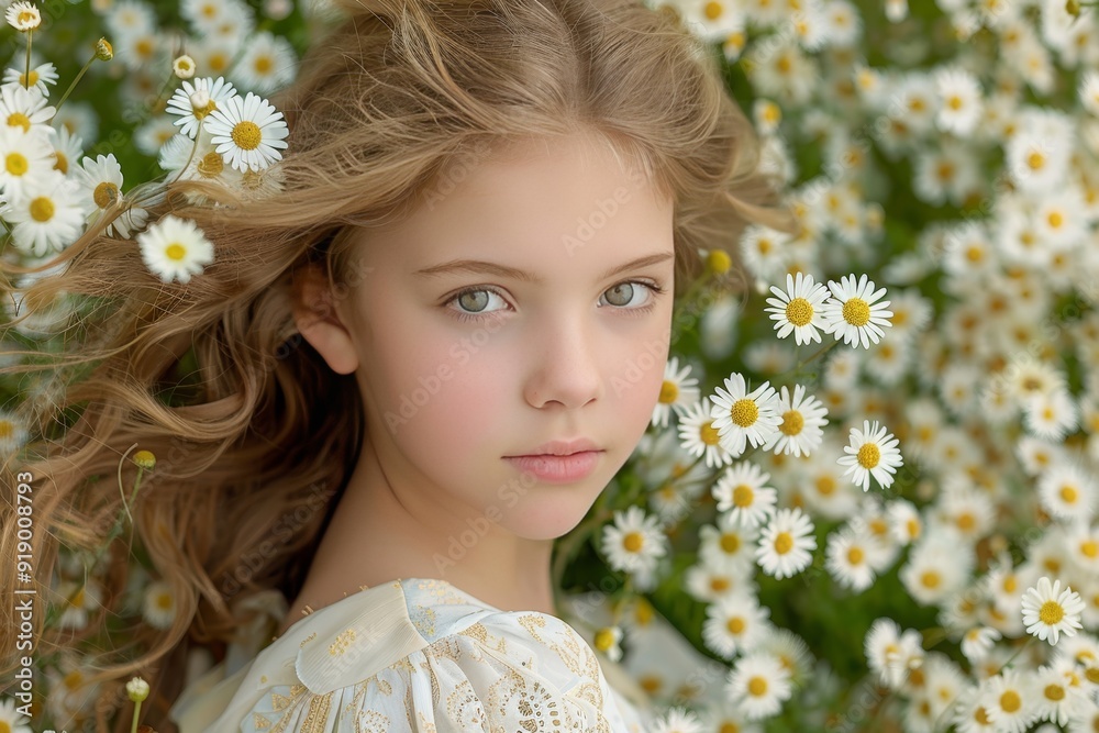 Young Girl with Long Hair Posing in a Field of Daisies Portrait of Beauty and Innocence