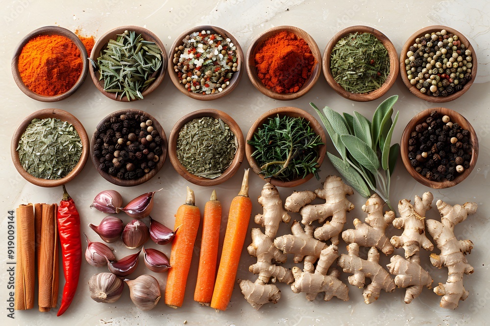 Assorted Spices and Herbs in Wooden Bowls with Fresh Vegetables for Culinary Use Assorted Spices and Herbs in Wooden Bowls with Fresh Vegetables for Culinary Use