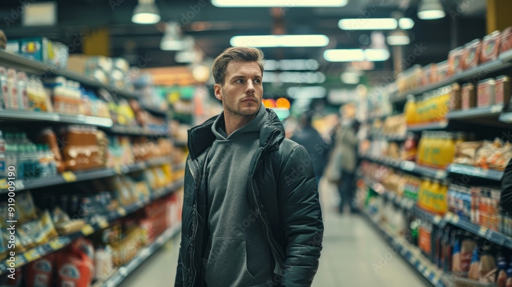 A man in a black jacket stands in a grocery store aisle A man in a black jacket stands in a grocery store aisle