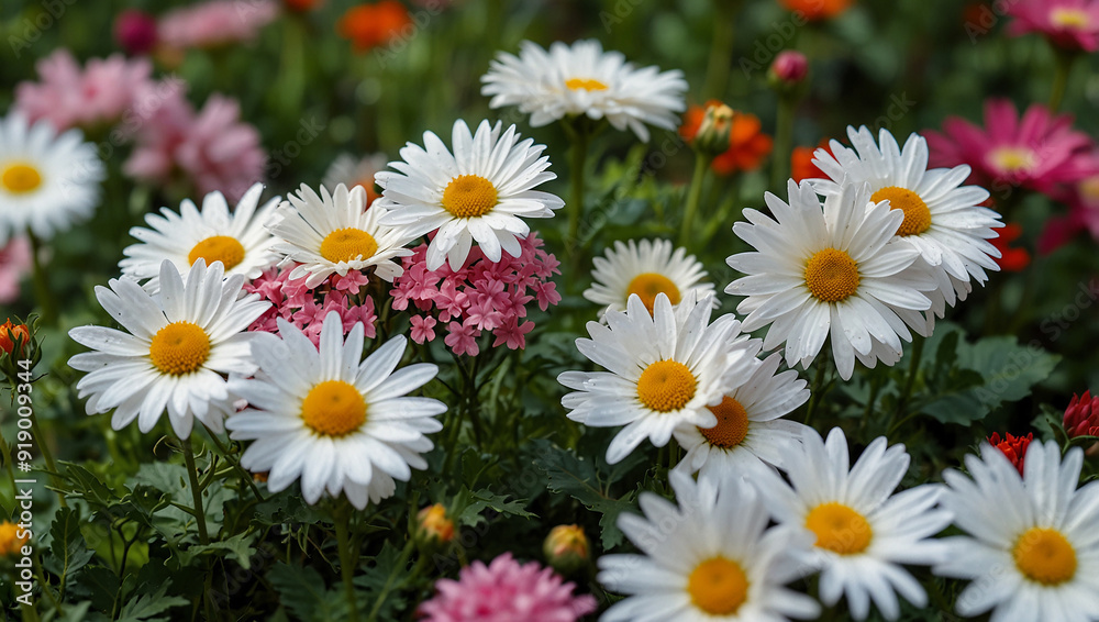 The image shows a field of white and pink daisies with yellow centers. There are also some orange flowers in the background The image shows a field of white and pink daisies with yellow centers. There are also some orange flowers in the background
