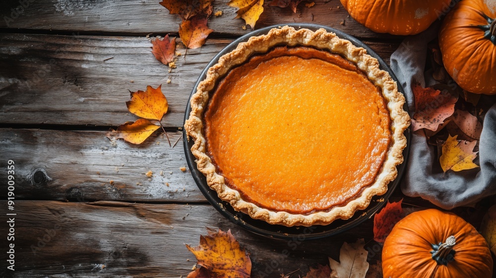 A pumpkin pie sits on a table adorned with seasonal decor and autumn colors A pumpkin pie sits on a table adorned with seasonal decor and autumn colors