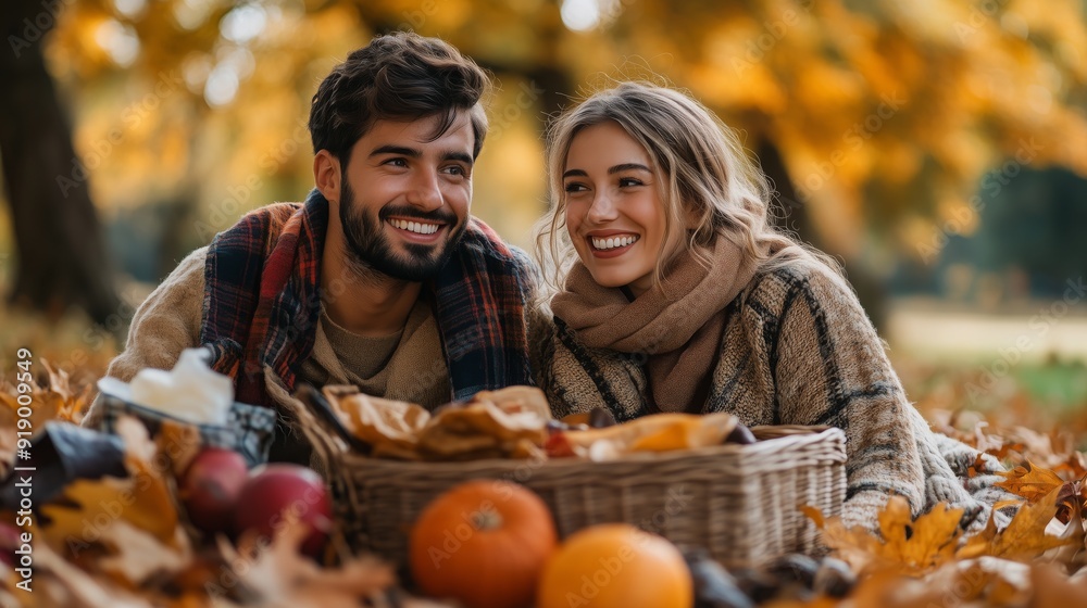 A couple enjoys a cozy picnic amidst colorful autumn leaves and a cheerful atmosphere A couple enjoys a cozy picnic amidst colorful autumn leaves and a cheerful atmosphere