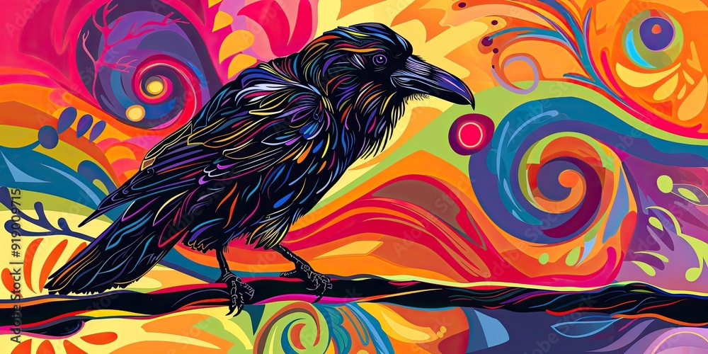Fototapeta premium Black raven on colorful abstract background.