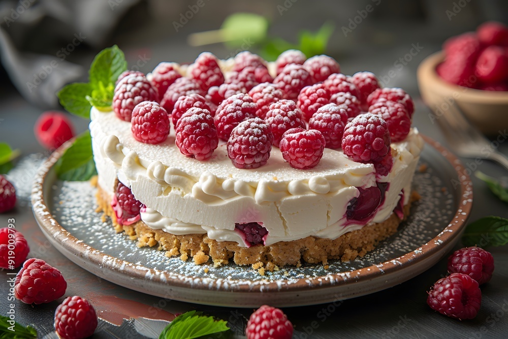 Delicious Raspberry Cheesecake on Plate with Fresh Raspberries and Mint Leaves - Perfect Summer Dessert