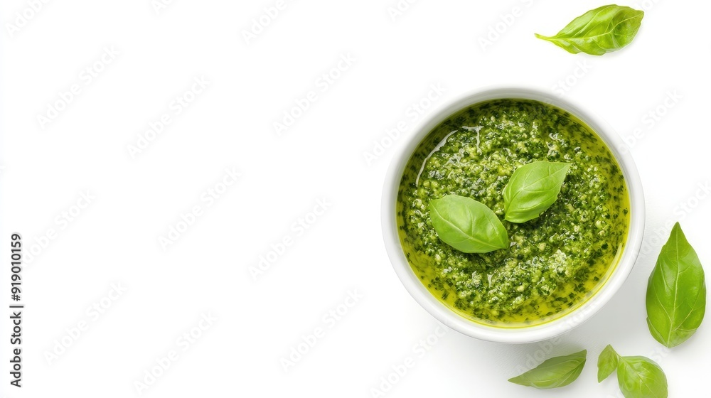 A simple yet appetizing bowl of green pesto sauce placed on a clean white background, with space for advertising text, ideal for food-related promotions. A simple yet appetizing bowl of green pesto sauce placed on a clean white background, with space for advertising text, ideal for food-related promotions.