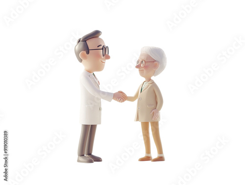 Two miniature figures of Doctor and elderly man shaking hands.