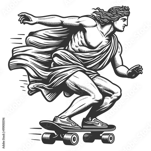 classical statue figure riding a skateboard, ancient art with modern urban culture in a playful style sketch engraving generative ai raster illustration. Scratch board imitation. Black and white image