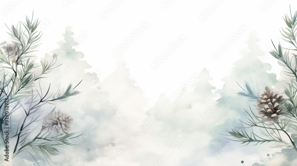Obraz premium A tranquil winter scene showcases evergreen trees and pinecones, enveloped in mist, capturing the essence of the Christmas holiday, copy space