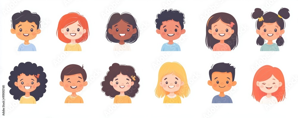 Set of children avatars. Bundle of smiling faces of boys and girls with different hairstyles, skin colors and ethnicities. Colorful flat illustration isolated on white, Generative AI Set of children avatars. Bundle of smiling faces of boys and girls with different hairstyles, skin colors and ethnicities. Colorful flat illustration isolated on white, Generative AI