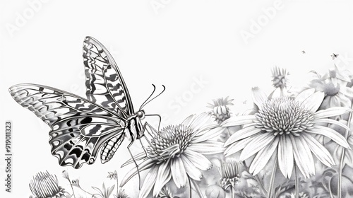 Wallpaper Mural Black and White Pencil Drawing of a Butterfly and Flowers Torontodigital.ca