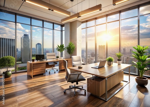 Stunning blurred background of a bright contemporary office interior featuring expansive panoramic windows and sleek modern decor bathed in soft, warm, natural light.