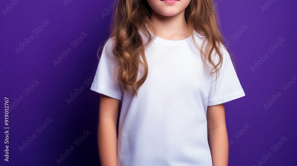 Female Child Girl Wearing Canvas White Shirt Mockup on Purple Background Female Child Girl Wearing Canvas White Shirt Mockup on Purple Background