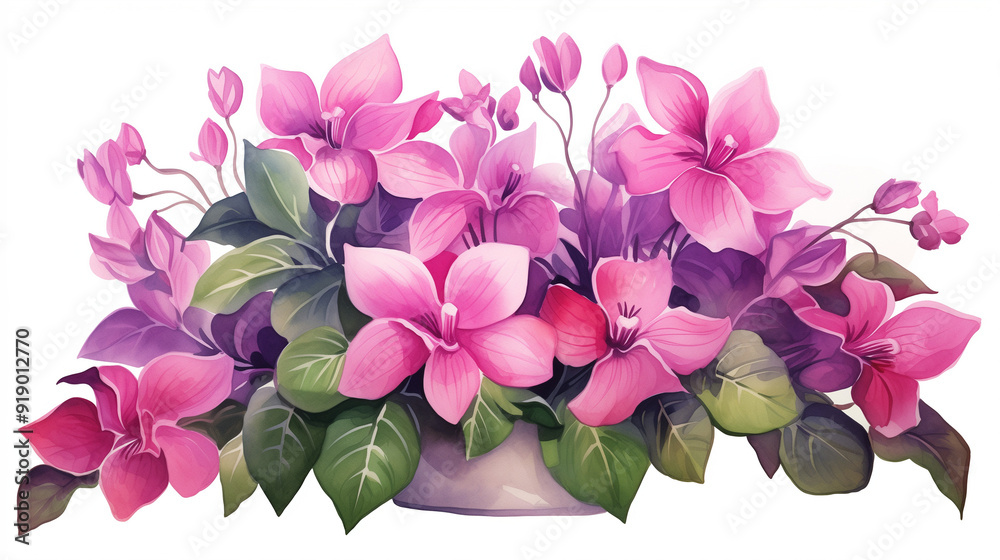 A vibrant display of pink flowers and lush green leaves set in a decorative pot, perfect for enhancing Christmas festivities and decorations A vibrant display of pink flowers and lush green leaves set in a decorative pot, perfect for enhancing Christmas festivities and decorations