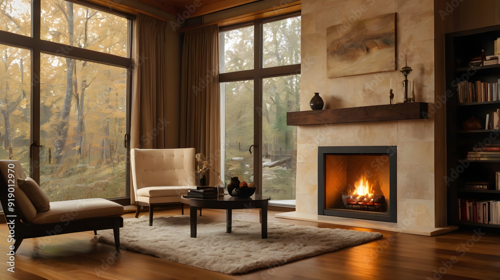 living room with fireplace, ai generated living room with fireplace, ai generated