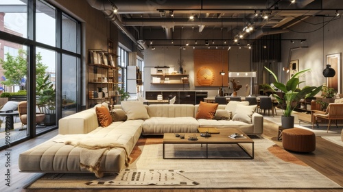 A large living room with a white couch and a brown rug