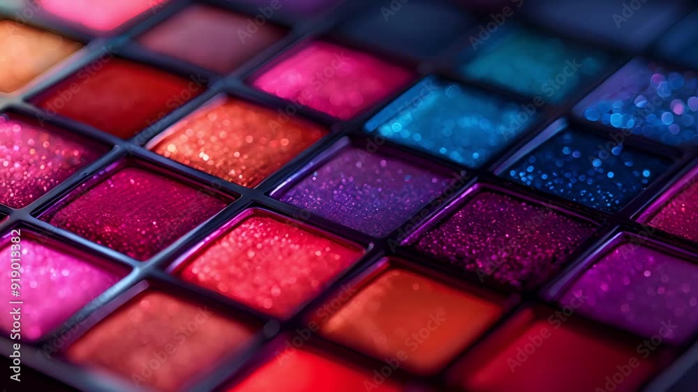 A close-up of a colorful eyeshadow palette with various shades of pink, red, purple, and blue. A close-up of a colorful eyeshadow palette with various shades of pink, red, purple, and blue.