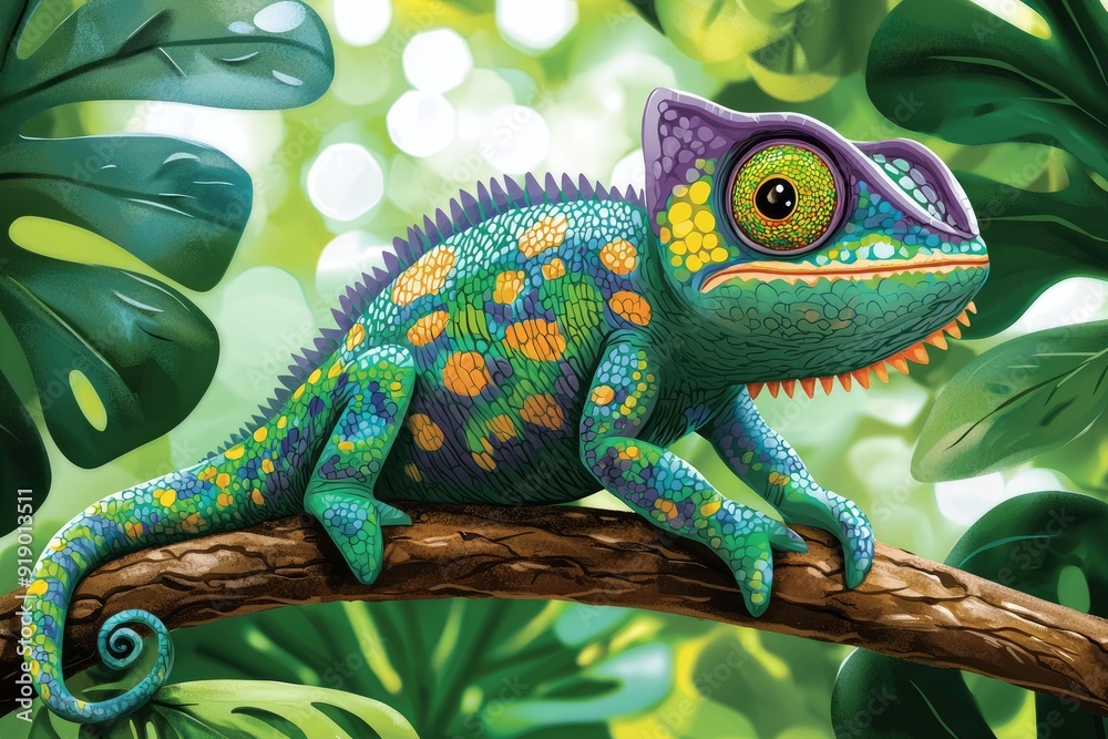 Naklejka premium Colorful Chameleon on a Branch in Tropical Rainforest