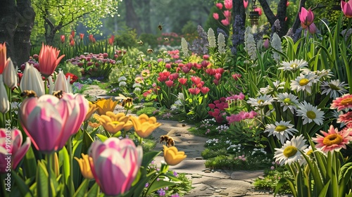 A spring garden with a variety of blooming flowers, bees buzzing around, and a quaint garden path.
