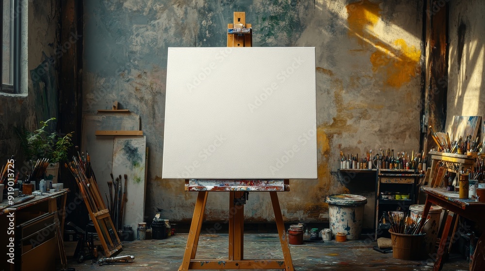 Blank Canvas on Easel in Artist's Studio Blank Canvas on Easel in Artist's Studio