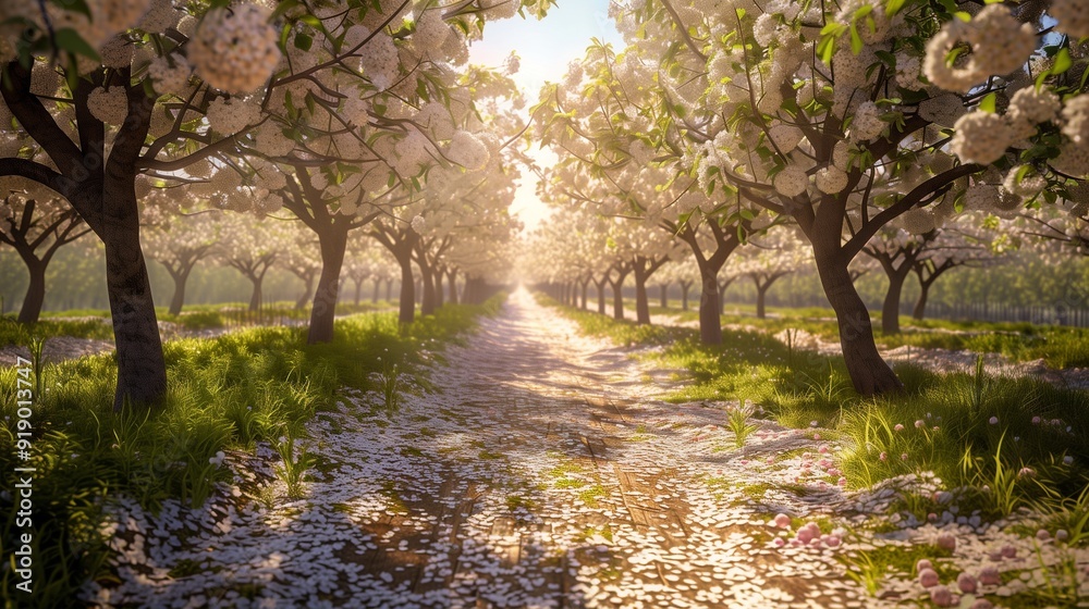 Fototapeta premium A springtime orchard with rows of blossoming trees, petals covering the ground, and a bright sunny day.