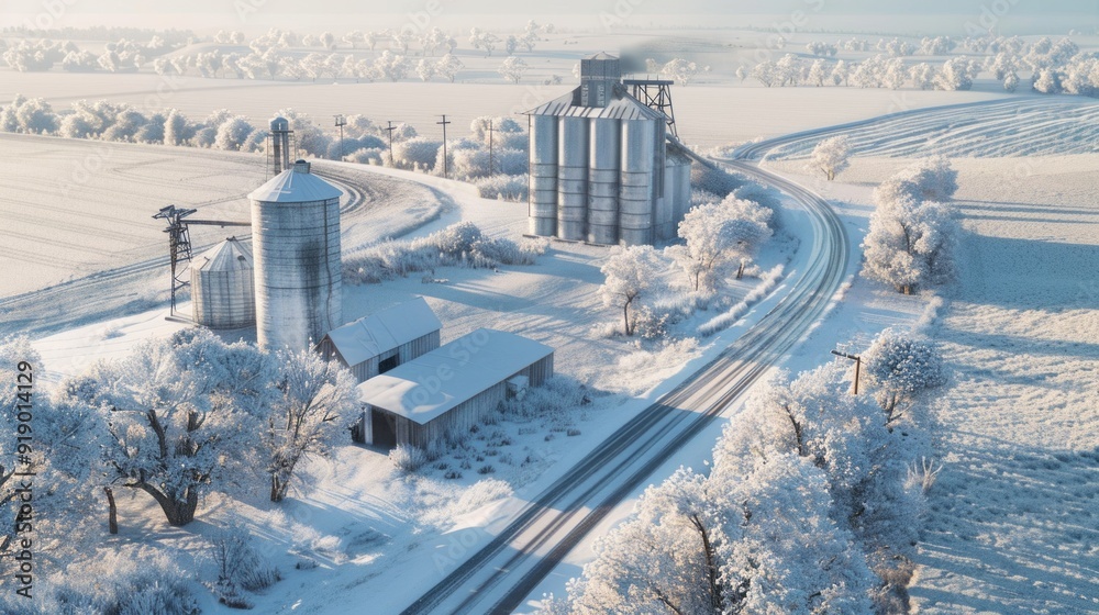 Obraz premium A snowy landscape with a train track and a farm