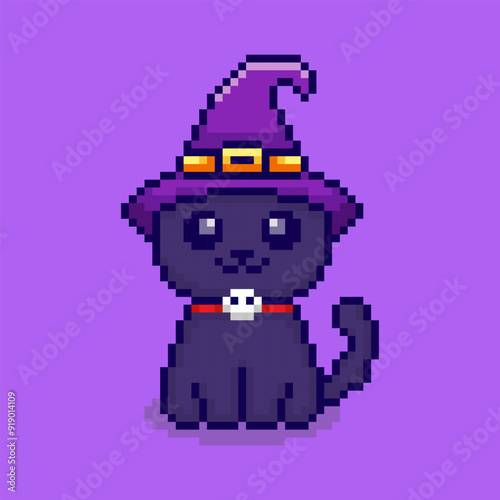 Pixel art cute cat with witch hat game asset design