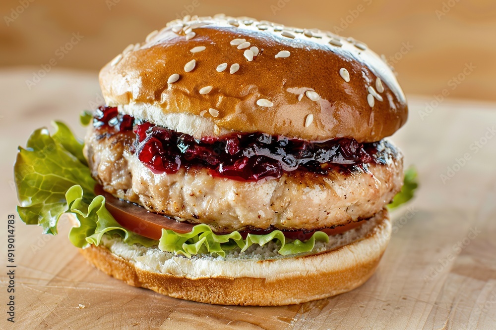Juicy burger with lettuce and berry sauce on wooden board