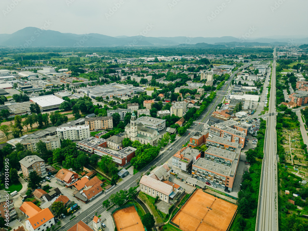 Fototapeta premium Ljubljana, Slovenia - Aerial panoramic view of Ljubljana on a summer