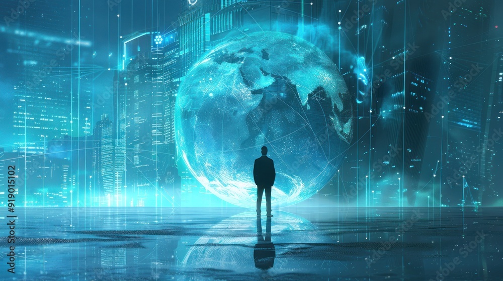 A Man Standing Before a Digital Globe in a Futuristic Cityscape A Man Standing Before a Digital Globe in a Futuristic Cityscape