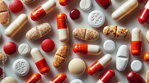 A variety of colorful pills and capsules spread out on a flat surface, showcasing different shapes, sizes, and textures photo